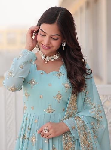 Fashion Basket Havy Georgette Embroidered Anarkali Dress for Women Sky Blue