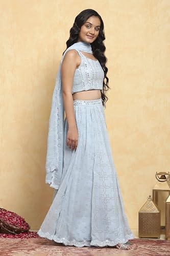 Biba Girls Blue Polyester Embroidered Kalidar Lehenga Set_4-5Y