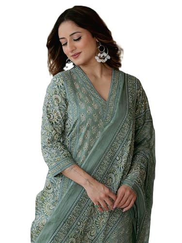 Arayna Women’s Cotton Printed Kurta Set with Pants & Dupatta | Elegant Ethnic Wear for Women | Floral Print | Comfortable Suit Set, Pastel Green, Small