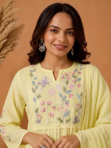 Varanga yellow embroidered muslin kurta set with dupatta