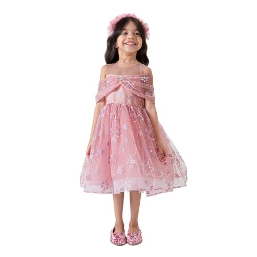 Hopscotch Girls Sleeveless All Over Print Peach Party Dresses for Age (3-4 Years)