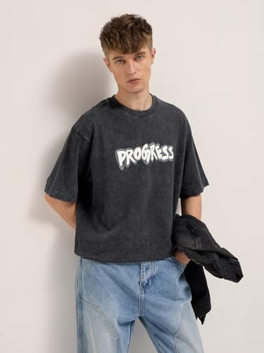 THE BEAR HOUSE Men's Oversized Fit Black Letter Graphic Cotton T-Shirt