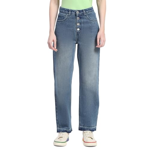 Madame Four Buttoned Stone Wash High Waisted Blue Denim