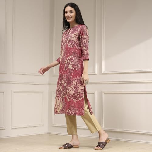 Biba Women's Cotton Printed Straight Kurta (ASRT30202AW25ONPN_Onion Pink