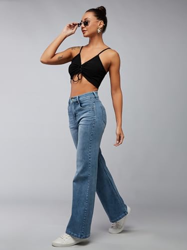Dolce Crudo Women's Wide-Leg High Rise Regular Length Stretchable Shaping Denim Jeans (DOSS24DEN12-92-471-28, Cloud Blue, 28)