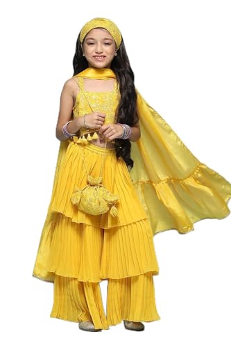 BIBA Girls SOLID; EMBROIDRED SHORT_KURTA KID(KW5444_YELLOW_13)