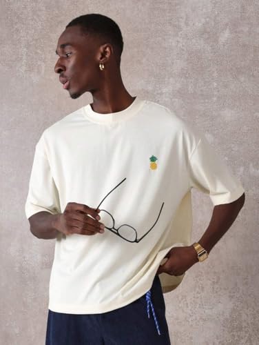 GURIK Men's Oversized Baggy Fit Drop Shoulder Printed Tshirt(SF-Mens-osize-Tshirt-Pine Aple-White-XL)