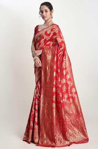 Janasya Women's Red Silk Blend Floral Woven Design Jacquard Saree with Blouse Piece
