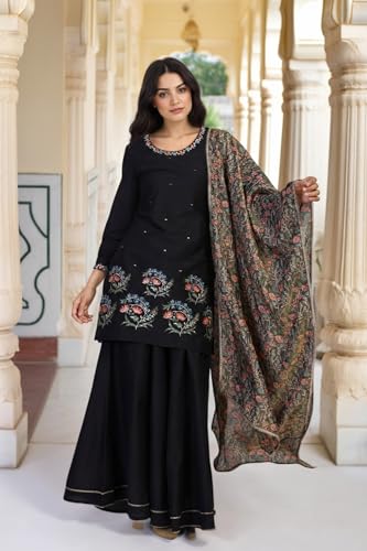 W for Woman Floral Thread Embroidered Straight Woven Kurta with Flared Pant and Printed Dupatta Set - Black (WS13275-224385-XXL)