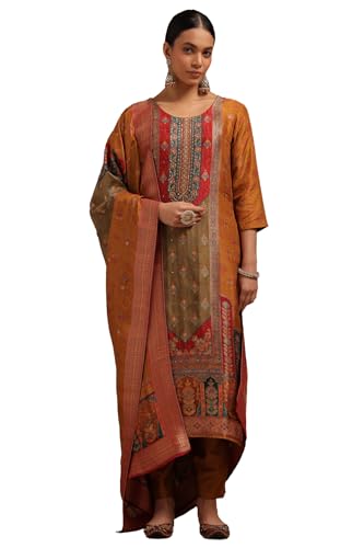 Soch Womens Mustard Brocade Floral Print Suit Set With Sequins