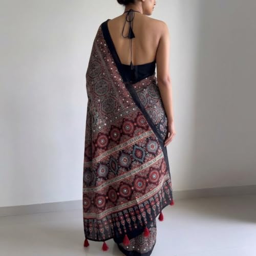 CREVEXA Gajji Silk Saree for Women with Mirror Work Border, Ajrakh Inspired Printed Designer Saree with Red Tassel Pallu and Unstitched Blouse Piece for Party Festive Wedding Ethnic Saree