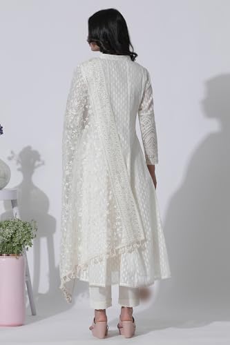 W for Woman Off-White Cotton Blend Anarkali Embroidered Kurta, Straight Pants and Dupatta Set (Size: XS)-24FESP10670-313617