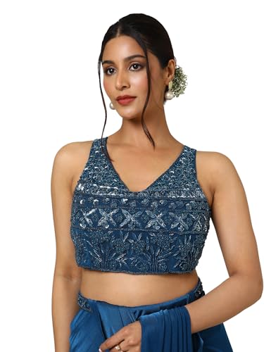 Soch Womens Teal Nylon Blend Saree With Sequins