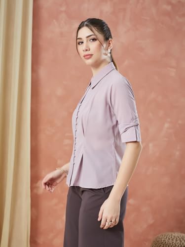 Latin Quarters Women's Pink Half Sleeves Solid Collared Casual Shirt_S