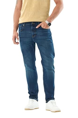 SNITCH Men Casual Jeans | Slim Fit Blue Mid Rise Streetwear Style | Durable Cotton Blend with Smooth Texture & Medium Stretch for Everyday Comfort