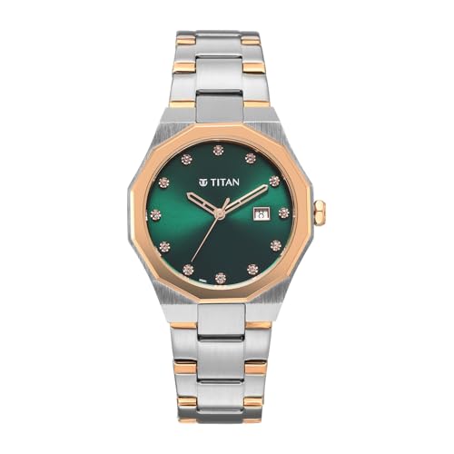 Titan Ladies Purple Radiance with Green Dial Silver & Rose Gold Metal Strap Watch for Women - 95376KM01
