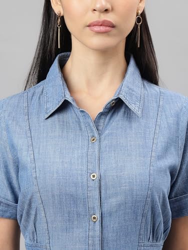 Latin Quarters Women Blue Denim Solid Knee-Length Shirt Dress with Collar Neck Half Sleeves and Button Closure in Cotton Viscose Fabric