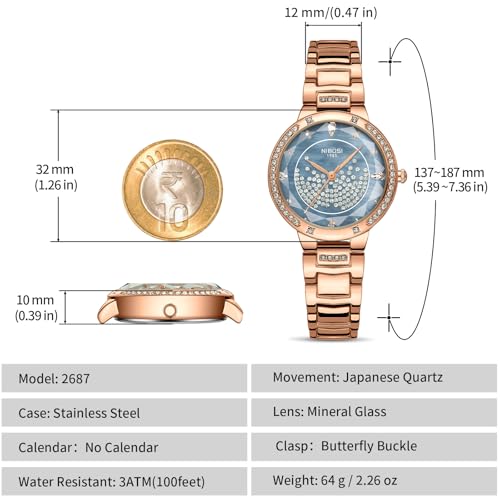 NIBOSI Watches for Woman Analog Quartz Rose Gold Stainless Steel Band Fashion Luxury Ladies Wrist Watch Diamond Stylish Elegant Watches Waterproof