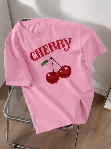 Jawdrobe Cotton Blend Oversized Fit Half Sleeve Printed Round Neck T-Shirt for Women (Tshirt-Cherry-Pink-s)