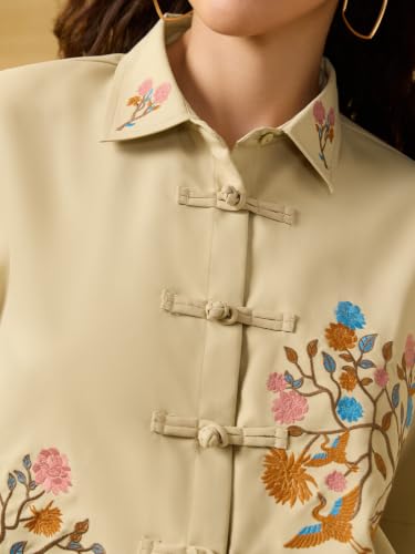 The Souled Store Ochiru Women and Girls Short Sleeve Collared Neck Beige Embroidered Polyester Oversized Lightweight Everyday Shirt Cropped Shirt