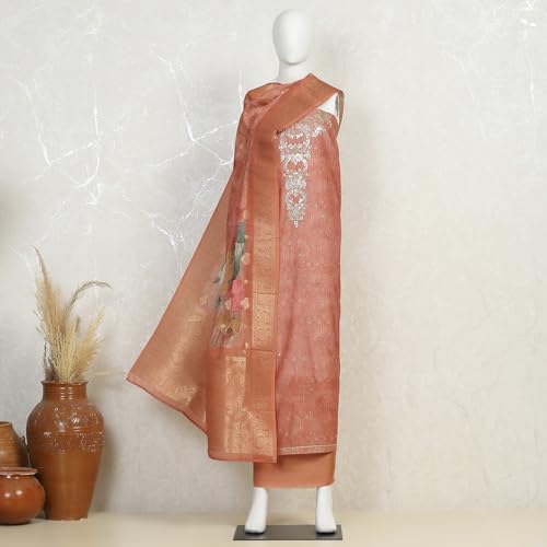 BIBA Women Coral Chanderi Printed Embroidered Unstitched Suit Set_FREE SIZE