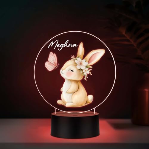 GIFTMEBAZAR Personalized Bunny with Butterfly Night Light | Rabbit 3D Acrylic Lamp for Girls & Kids Bedroom | Birthday Return Bunny Theme Gift for Kids | Multicolored Light & USB Powered