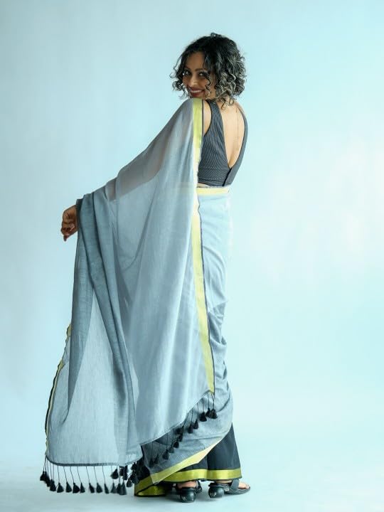 Suta Grey Charcoal Colorblock Cotton Saree