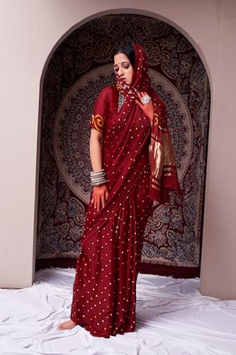 HEMA SILK MILLS Women Refined Mahogany Maroon Gajji Silk Bandhani Saree Gajji Maroon