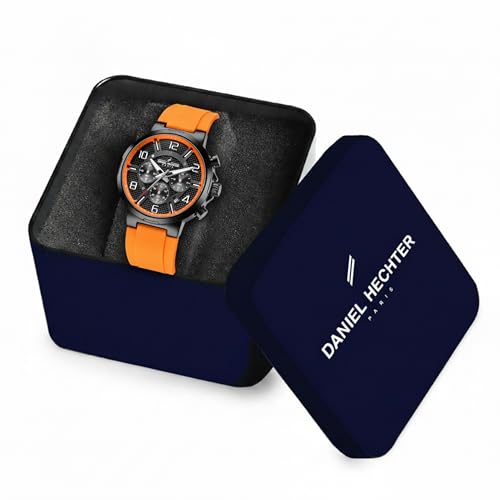 Daniel Hechter Paris Beaubourg Collection Multifunctional Watch for Men with Textured Round Dial and Silicon Strap-DHM1009 (Orange)