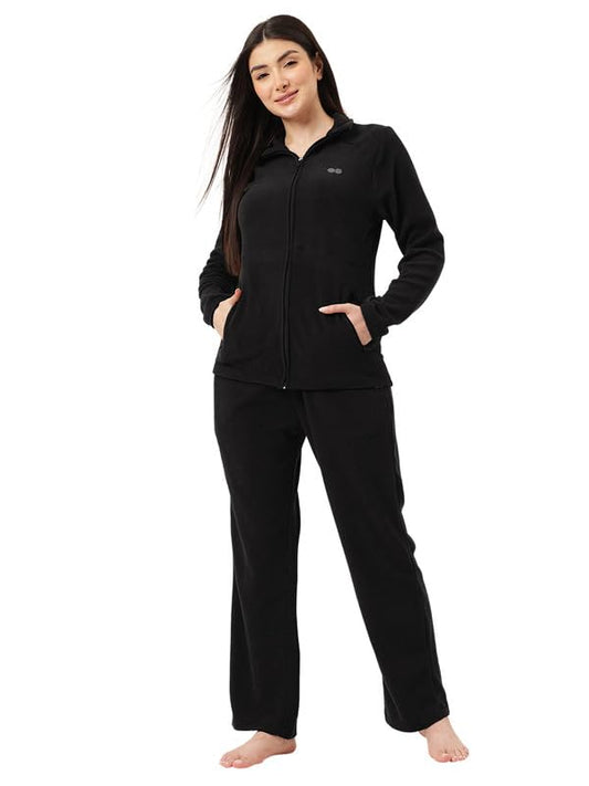 Clovia Women's Winterwear Fleece Zippered Jacket & Pyjama Set (LSW779R13_Black_M)