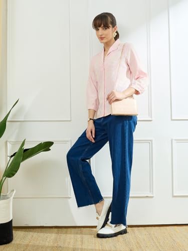 Latin Quarters Women's Pink 3/4th Sleeves Lapel Collar Casual Embroidery Shirt_M