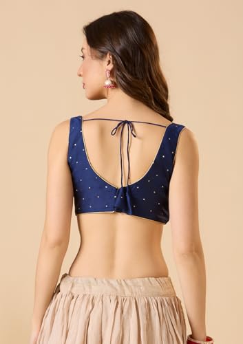 S SALWAR STUDIO Navy Blue Taffeta Silk Sweetheart Neck Sleeveless Readymade Blouse
