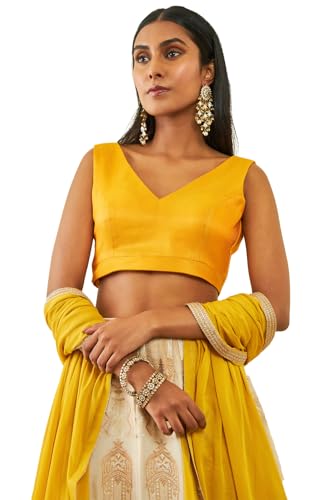 Soch Womens Mustard Tussar V-Neck Back-Open Sleeveless Blouse