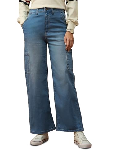 U.S. POLO ASSN. High Rise Wide Leg Cargo Jeans (UWAW25JEN374_Mid Blue Khaki Tint_32)