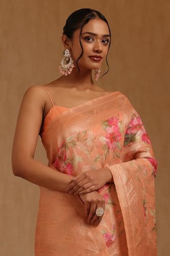 Soch Womens Peach Chanderi Floral Zari Woven Saree