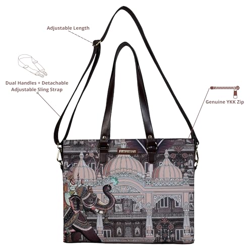 Fatfatiya Indian Heritage Elephant Art Office Tote Bag for Women | Laptop Handbag Fits 15.6 Inch | Palace Illustration Work Bag | Detachable Sling Strap