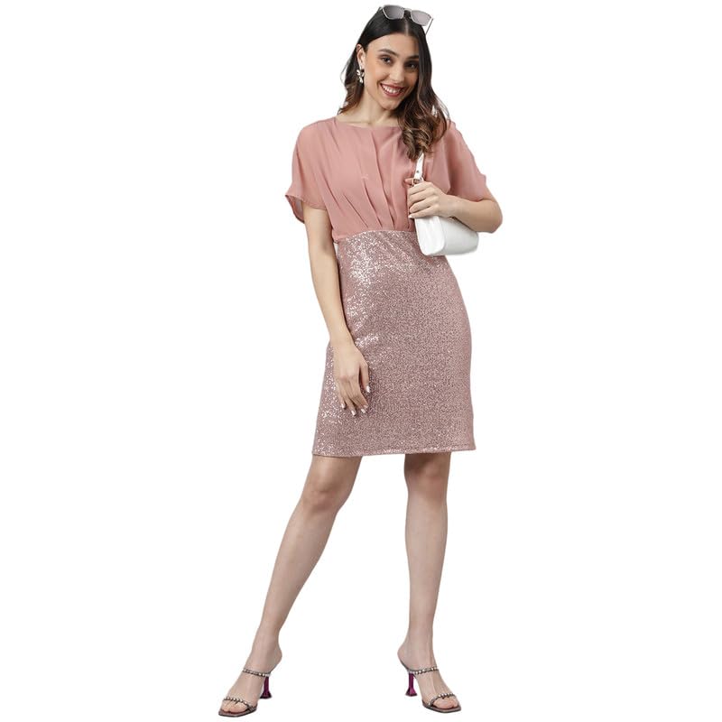 Latin Quarters Women's Pink Half Sleeves Embellished Short Dress_S