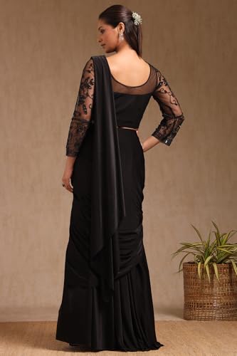 Soch Womens Black Nylon Blend Solid Ready To Wear Saree With Sequins