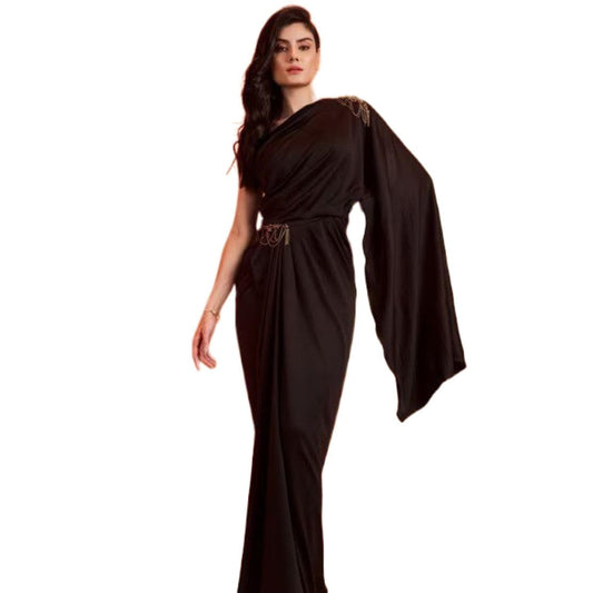 HarLiv One Shoulder Black Saree Gown Women - Party, Cocktail, Wedding Dress (Black) XS