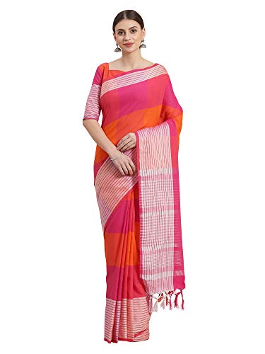 SAREE MALL Women's Pink Cotton Blend Checkered Printed Saree With Unstitched Blouse (RITA4504_GIF)