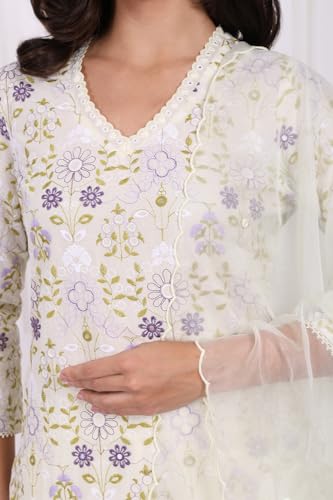 W for Woman White Floral Printed Embroidered Pure Cotton Straight Kurta, Pants and Dupatta Set - (WS12421-401366-XS)