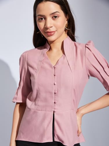Latin Quarters Women Pink V-Neck Half Sleeves Solid Top Blouse for Casual Wear_XL