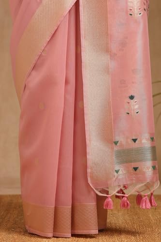 Soch Womens Blush Pink Tissue Zari Woven Saree With Zari Woven