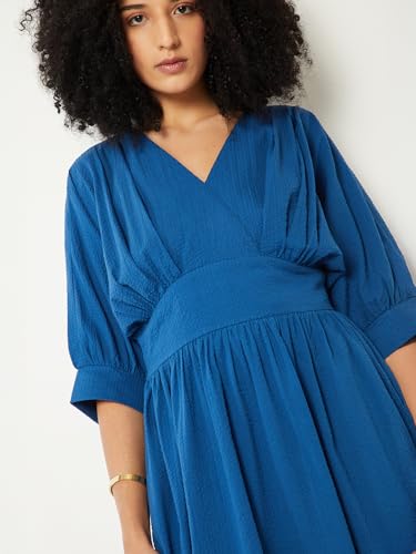 Max Women Textured A-line Midi Dress (Blue_L)