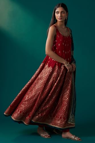 Wishful Women's Red Zari Embroidered Jacquard Anarkali Sleeveless Kurta with Churidar and Dupatta Set (SP13162-314304-L)