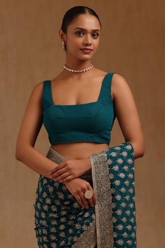 Soch Womens Teal Georgette Embroidered Saree With Stone Work