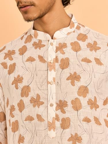 DIWAS BY MANYAVAR Men's Cotton Blend Flowers Printed Long Kurta Set (Cream,L)