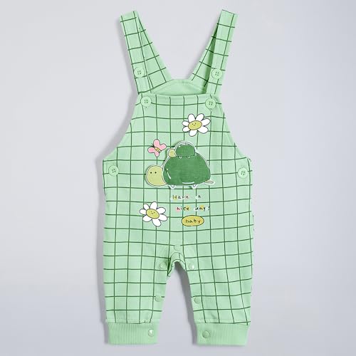 Hopscotch Girls Full Sleeves Green 2-Pc Turtle Applique Cotton Dungaree Set For Ages (9-12 Months)