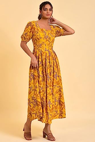 W for Woman Women's Rayon Yellow Pleated Long Summer Maxi Dress Ankle Length 23FEW18822-810315