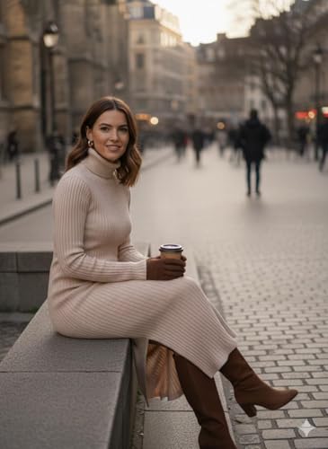 PatolaSwag Women’s Warm Winter High Neck Long Dress – Chic Ribbed Bodycon Fit, Office Wear, Casual Outings & Travel (in, Alpha, S, Regular, Standard, Beige)